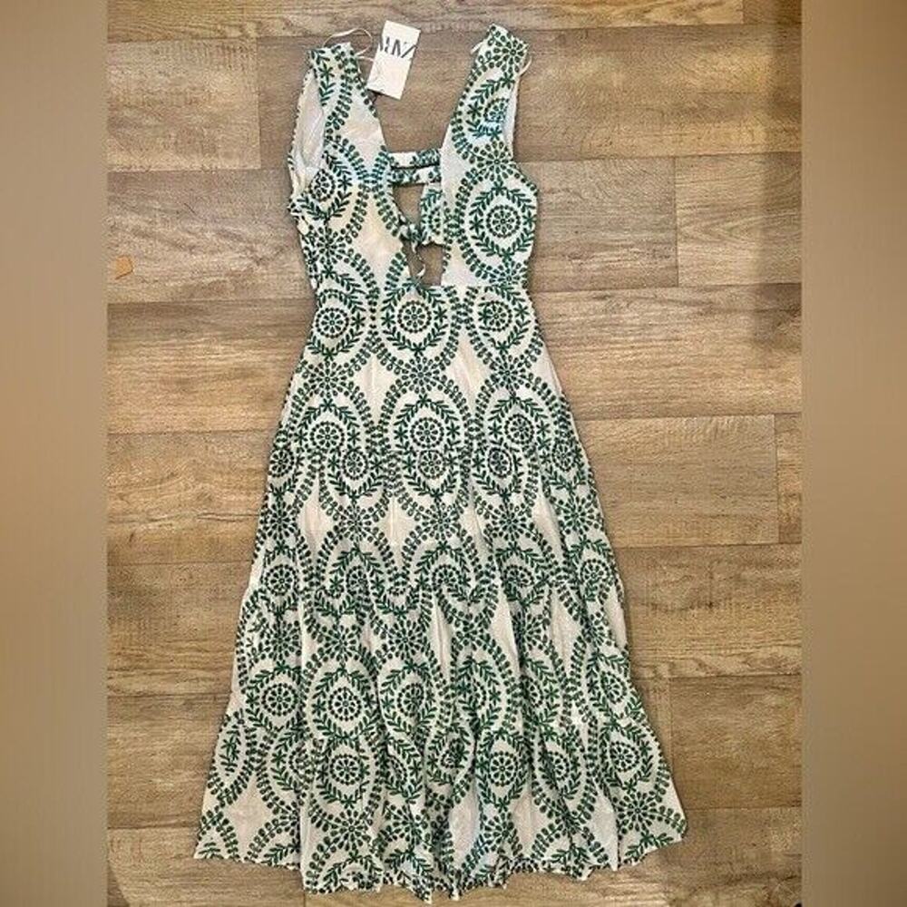 Zara NWT Green White Front Knot Cutout Midi Dress Resort Vacation M L - Picture 16 of 16